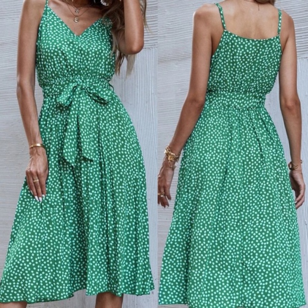 Boho Polka Dot Belted V neck Cami Dress Yellow - Picture 5 of 12